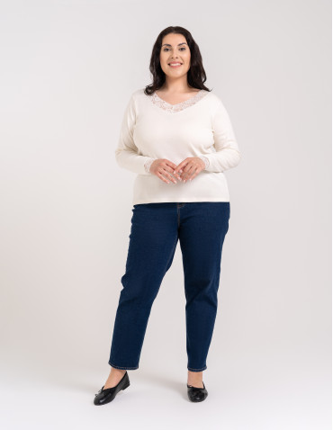 Bluzki i koszule - Bluzka damska longsleeve w prążek z koronkowym wykończeniem BIAŁY - produkt 8