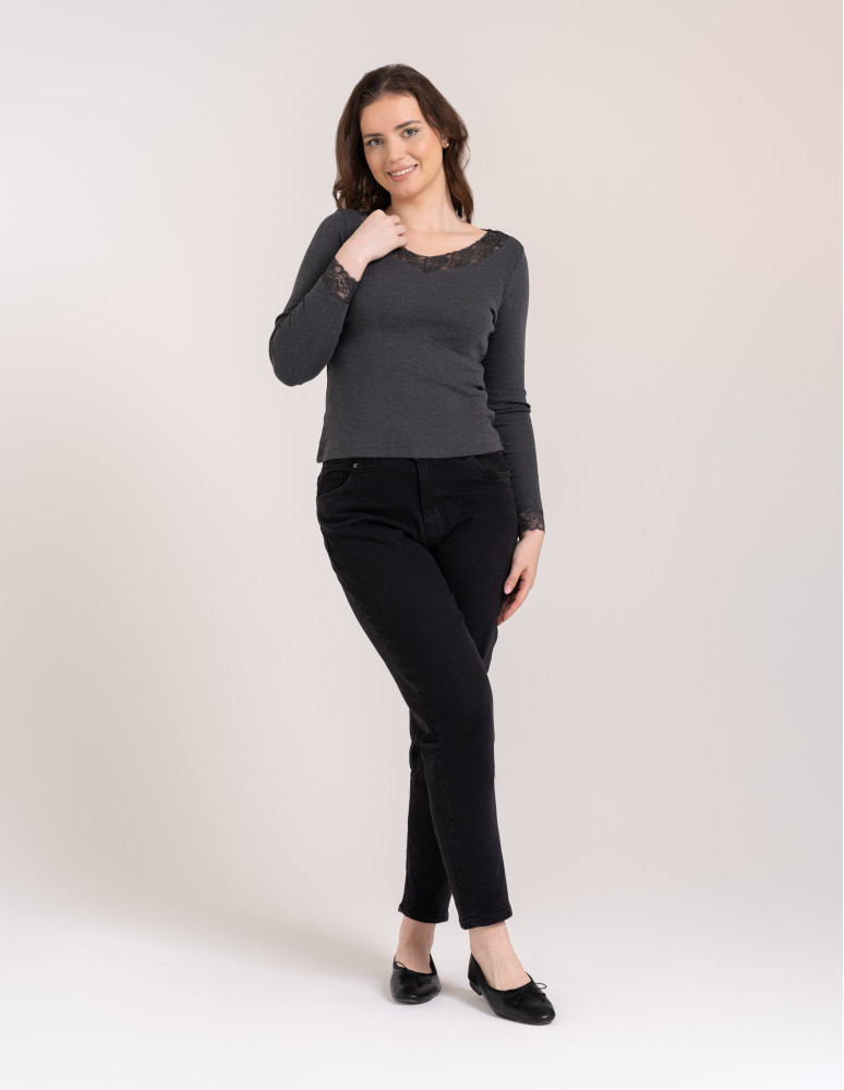 Bluzki i koszule - Bluzka damska longsleeve w prążek z koronkowym wykończeniem Szary - produkt moraj.pl 4