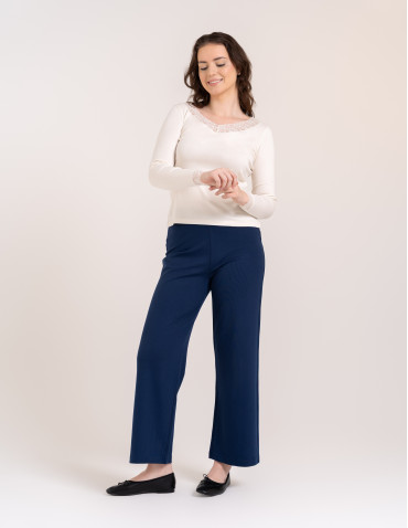Bluzki i koszule - Bluzka damska longsleeve w prążek z koronkowym wykończeniem BIAŁY - produkt 3