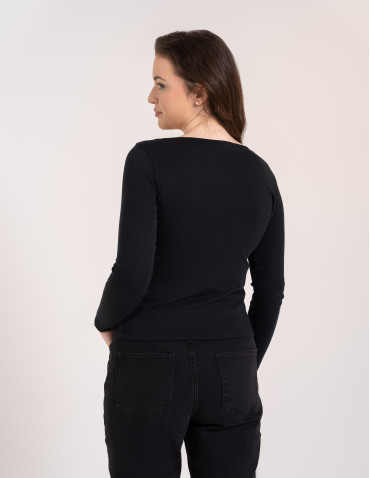 Bluzki i koszule - Bluzka damska longsleeve w prążek z koronkowym wykończeniem CZARNY - produkt 7