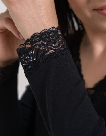 Bluzki i koszule - Bluzka damska longsleeve w prążek z koronkowym wykończeniem CZARNY - produkt 5