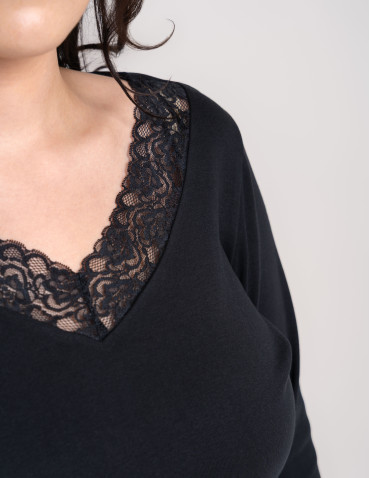 Bluzki i koszule - Bluzka damska longsleeve w prążek z koronkowym wykończeniem CZARNY - produkt 10
