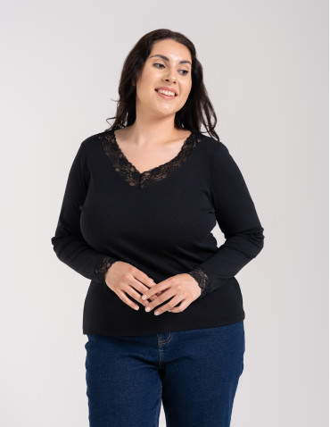 Bluzki i koszule - Bluzka damska longsleeve w prążek z koronkowym wykończeniem CZARNY - produkt 8