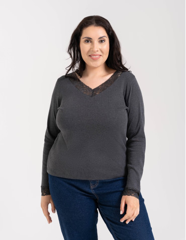 Bluzki i koszule - Bluzka damska longsleeve w prążek z koronkowym wykończeniem Szary - produkt 8