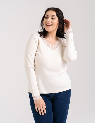 Bluzki i koszule - Bluzka damska longsleeve w prążek z koronkowym wykończeniem BIAŁY - produkt 7