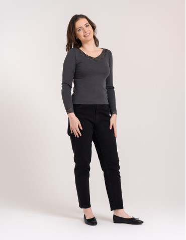 Bluzki i koszule - Bluzka damska longsleeve w prążek z koronkowym wykończeniem Szary - produkt 6