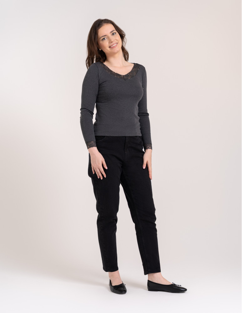 Bluzki i koszule - Bluzka damska longsleeve w prążek z koronkowym wykończeniem Szary - produkt moraj.pl 6
