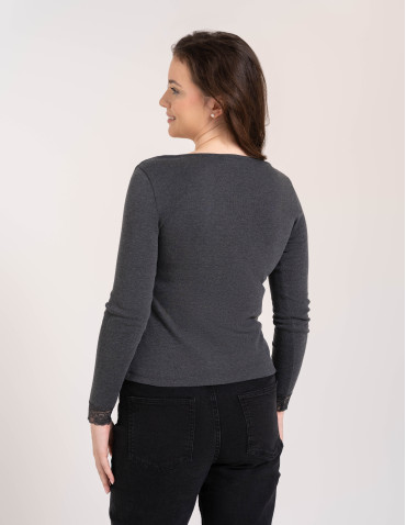 Bluzki i koszule - Bluzka damska longsleeve w prążek z koronkowym wykończeniem Szary - produkt 5