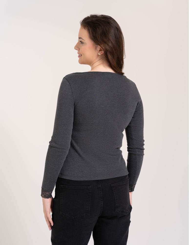 Bluzki i koszule - Bluzka damska longsleeve w prążek z koronkowym wykończeniem Szary - produkt moraj.pl 5