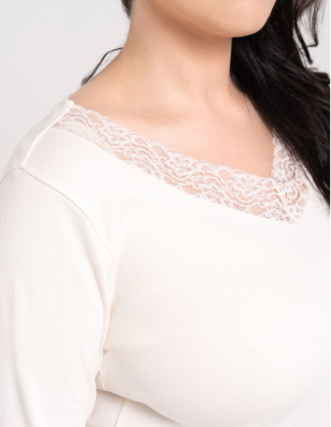 Bluzki i koszule - Bluzka damska longsleeve w prążek z koronkowym wykończeniem BIAŁY - produkt 2