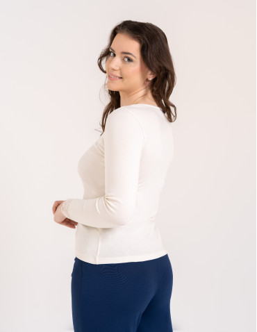 Bluzki i koszule - Bluzka damska longsleeve w prążek z koronkowym wykończeniem BIAŁY - produkt 5