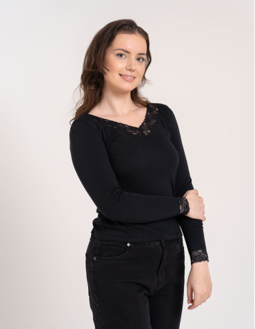 Bluzki i koszule - Bluzka damska longsleeve w prążek z koronkowym wykończeniem CZARNY - produkt 6