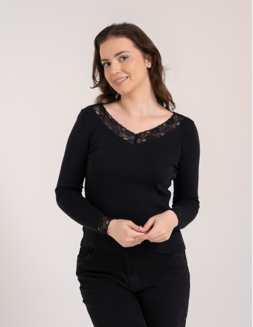 Bluzki i koszule - Bluzka damska longsleeve w prążek z koronkowym wykończeniem CZARNY - produkt 4