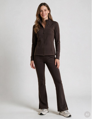 Bluzy dresowe - Bluza damska rozpinana slim fit dopasowana z kieszeniami BRĄZOWY - produkt 1