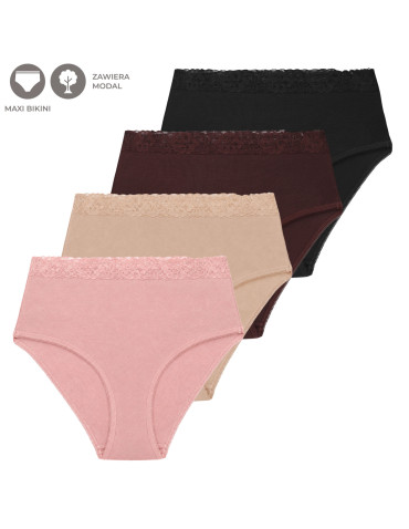 Eleganckie figi damskie maxi bikini z koronkowym pasem 4-pak - WIELOKOLOROWY