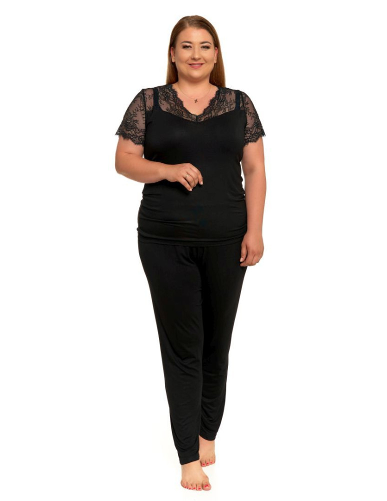 Krótki rękaw - Piżama damska wiskozowa koronka plus size CZARNY - produkt moraj.pl 1