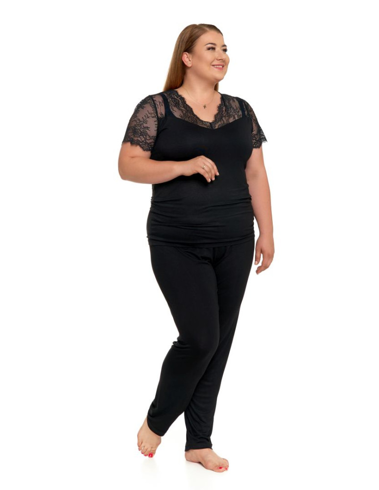 Krótki rękaw - Piżama damska wiskozowa koronka plus size CZARNY - produkt moraj.pl 3