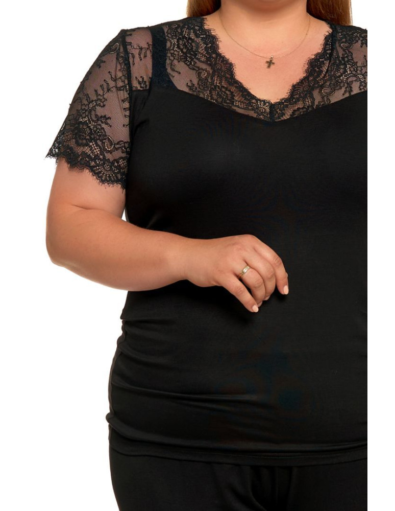 Krótki rękaw - Piżama damska wiskozowa koronka plus size CZARNY - produkt moraj.pl 4