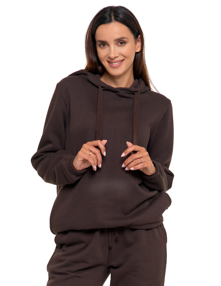 Bluzy - Bluza damska dresowa o luźnym kroju z kapturem BRĄZOWY - produkt moraj.pl 2