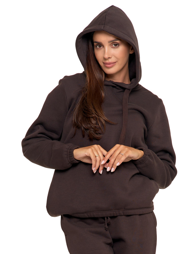 Bluzy - Bluza damska dresowa o luźnym kroju z kapturem BRĄZOWY - produkt moraj.pl 3