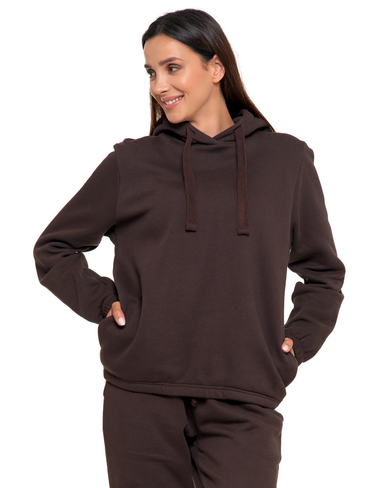 Bluzy - Bluza damska dresowa o luźnym kroju z kapturem BRĄZOWY - produkt moraj.pl 8