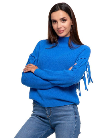 Swetry - Sweter damski półgolf z frędzlami NIEBIESKI - produkt 1