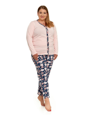 Długi rękaw - Piżama damska bawełniana rozpinana długa Plus Size RÓŻOWY - produkt 1