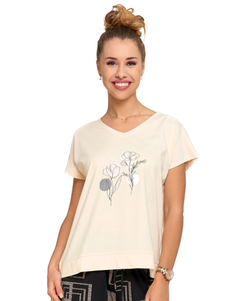 Koszulka damska T-shirt oversize w kwiatowy motyw KREMOWY