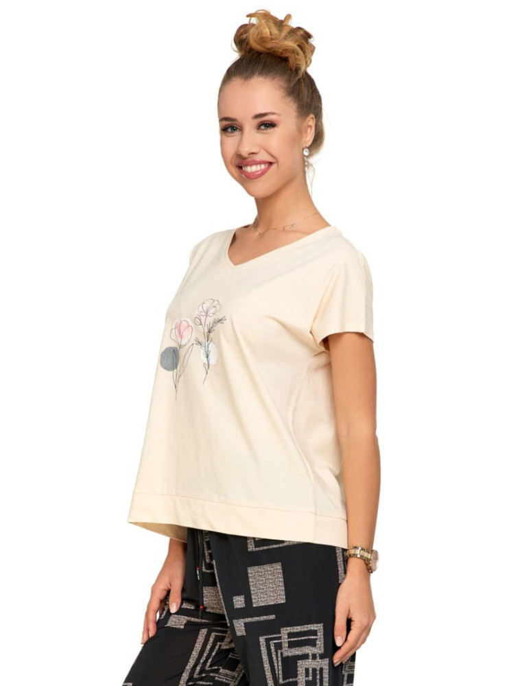 Koszulki i topy - Koszulka damska T-shirt oversize w kwiatowy motyw KREMOWY - produkt moraj.pl 2