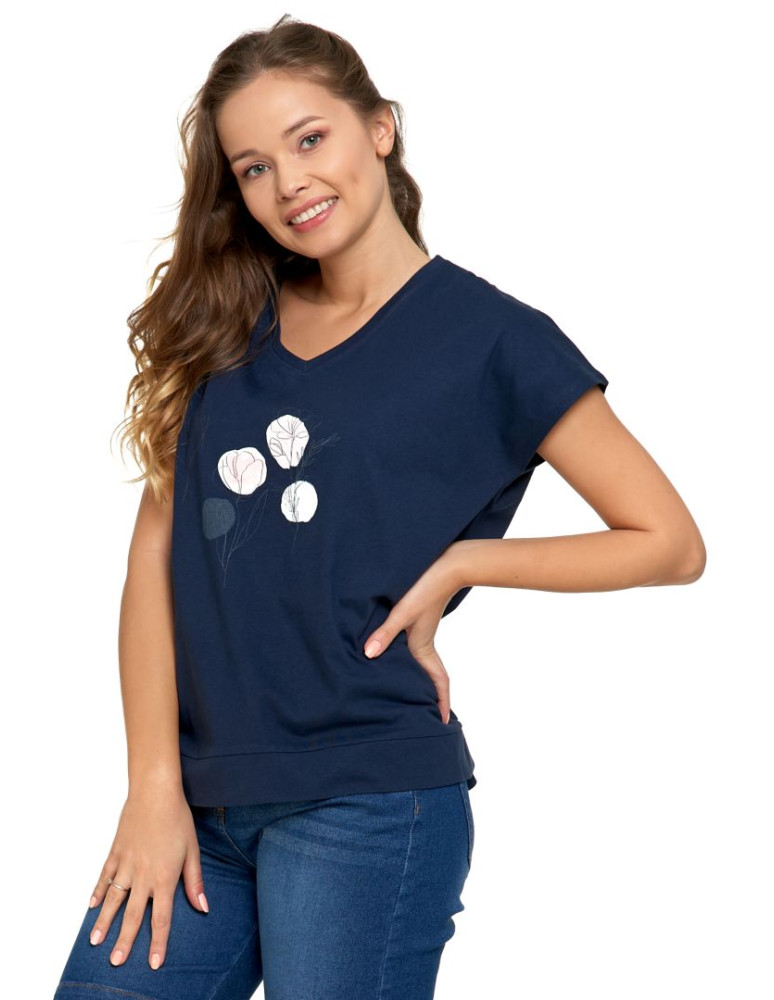 Koszulki i topy - Koszulka damska T-shirt oversize w kwiatowy motyw GRANATOWY - produkt moraj.pl 1