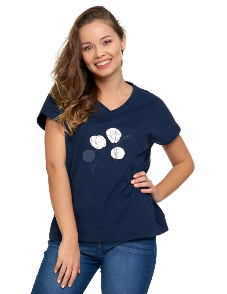Koszulki i topy - Koszulka damska T-shirt oversize w kwiatowy motyw GRANATOWY - produkt moraj.pl 2