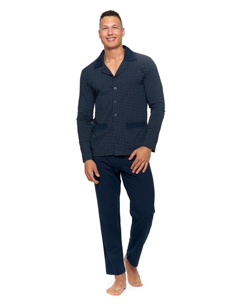 Długi rękaw - Męska piżama bawełniana zapinana na guziki plus size GRANATOWY - produkt moraj.pl 4
