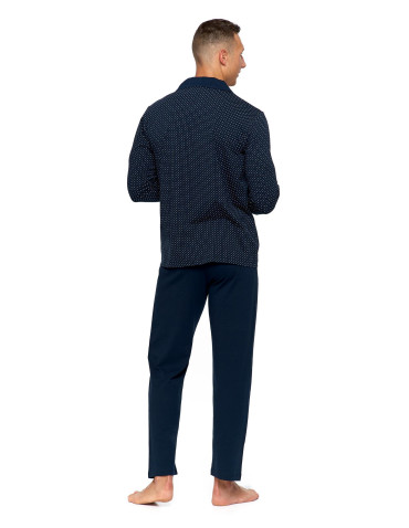 Długi rękaw - Męska piżama bawełniana zapinana na guziki plus size GRANATOWY - produkt 5