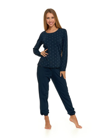 Długi rękaw - Piżama damska bawełniana długa w kropeczki Plus Size GRANATOWY - produkt 1