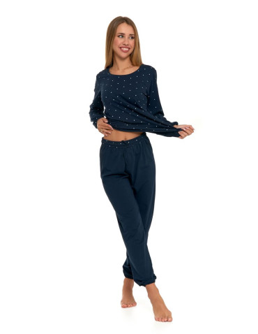 Długi rękaw - Piżama damska bawełniana długa w kropeczki Plus Size GRANATOWY - produkt 2