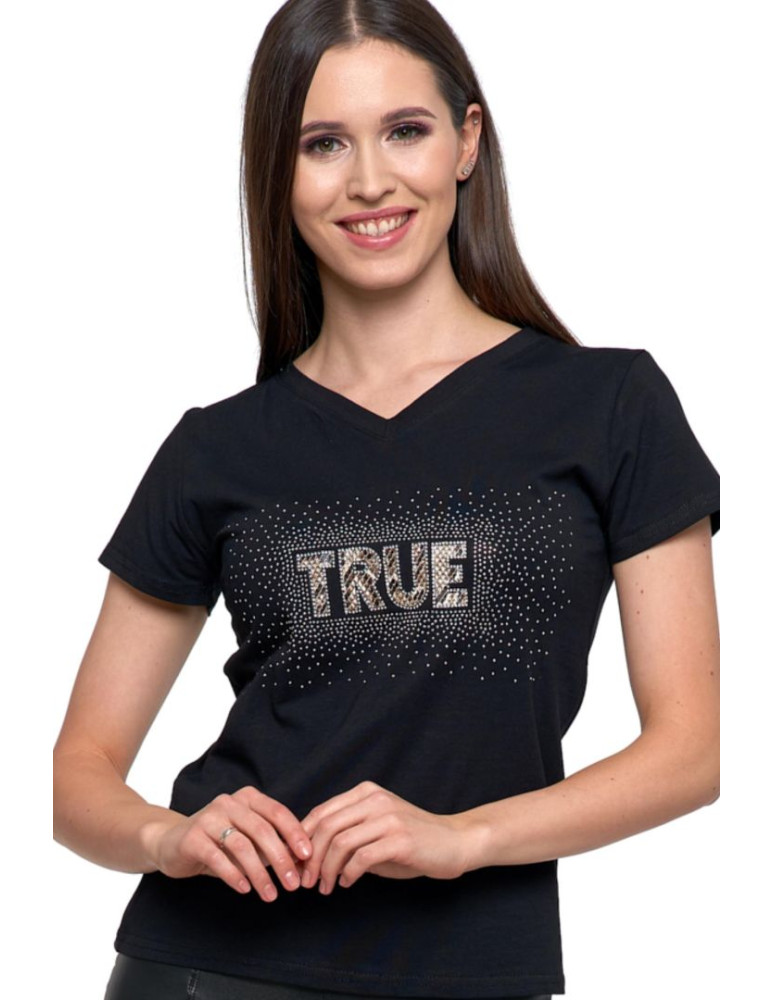 Koszulki i topy - T-shirt damski z cyrkoniami glamour CZARNY - produkt moraj.pl 1