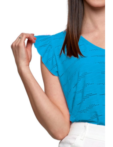 Bluzki i koszule - Bluzka damska ażurowa z motylkowym rękawkiem TURKUSOWY - produkt 2