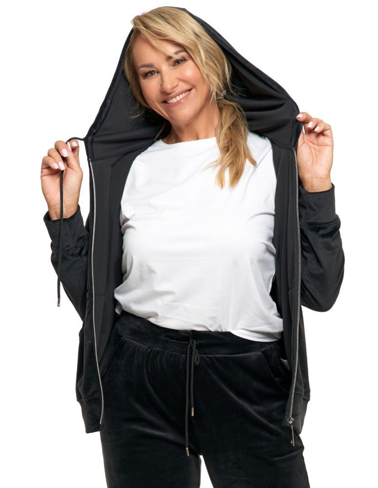 Bluzy - Welurowa bluza damska zapinana na zamek CZARNY - produkt moraj.pl 2