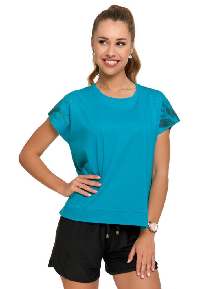 Koszulki i topy - Koszulka damska T-shirt oversize wykończony kwiatami ZIELONY - produkt moraj.pl 1