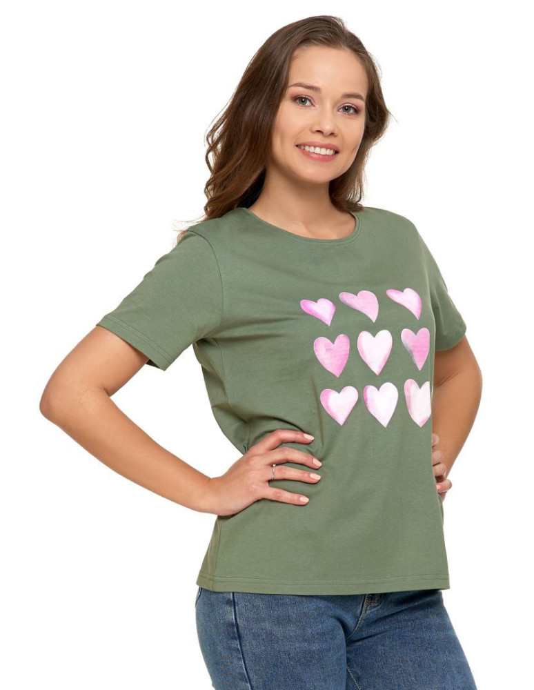 Koszulki i topy - Koszulka damska T-shirt o regularnym kroju z serduszkami KHAKI - produkt moraj.pl 1