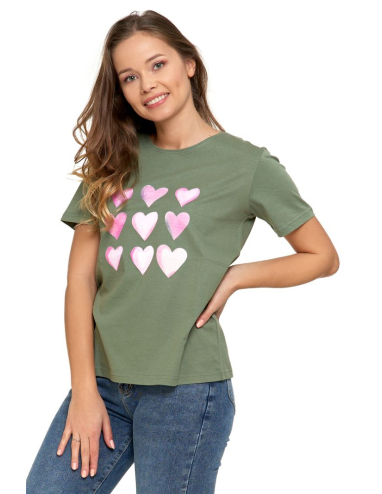 Koszulki i topy - Koszulka damska T-shirt o regularnym kroju z serduszkami KHAKI - produkt moraj.pl 2