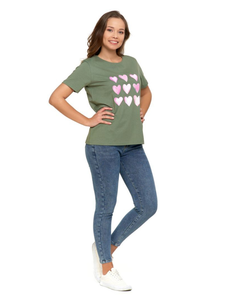 Koszulki i topy - Koszulka damska T-shirt o regularnym kroju z serduszkami KHAKI - produkt moraj.pl 4