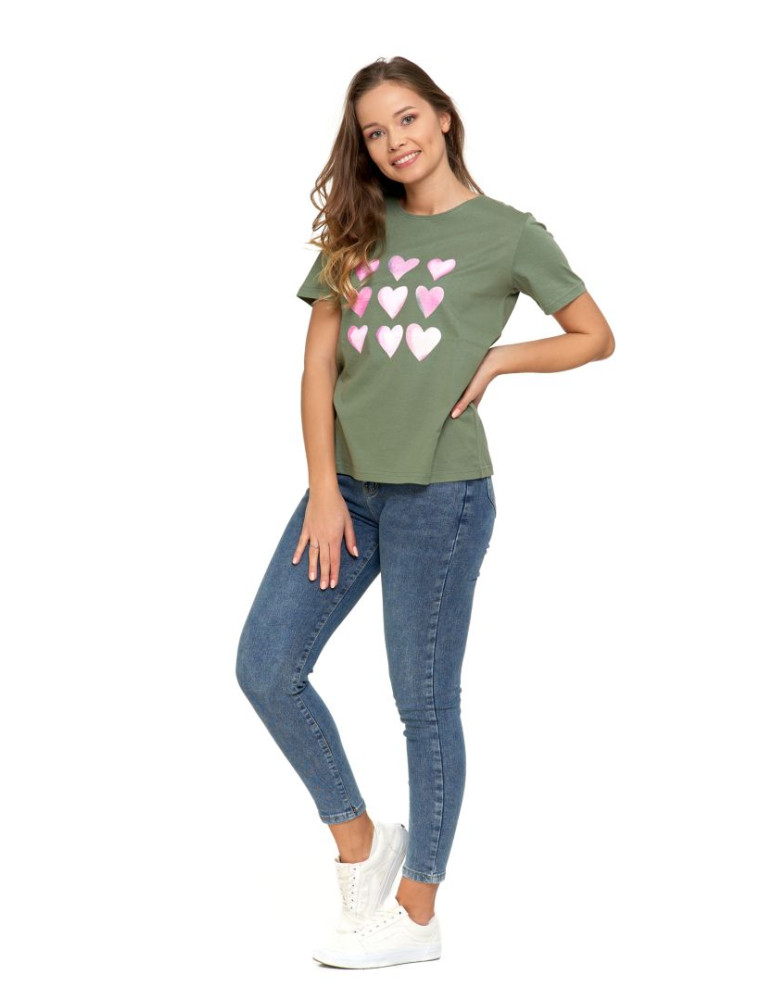 Koszulki i topy - Koszulka damska T-shirt o regularnym kroju z serduszkami KHAKI - produkt moraj.pl 5