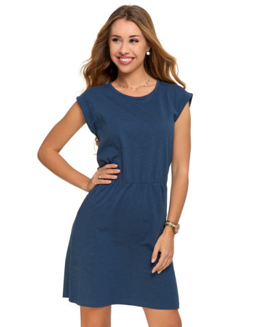 Sukienki i kombinezony - Sukienka damska bawełniana przed kolano z odcięciem w talii GRANATOWY - produkt 1