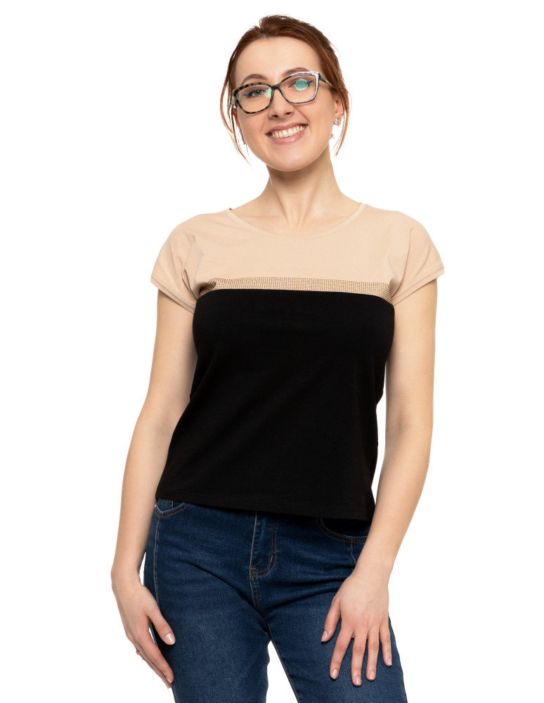 Koszulki i topy - Koszulka damska elegancka dwukolorowa z cyrkoniami CZARNY - produkt moraj.pl 1