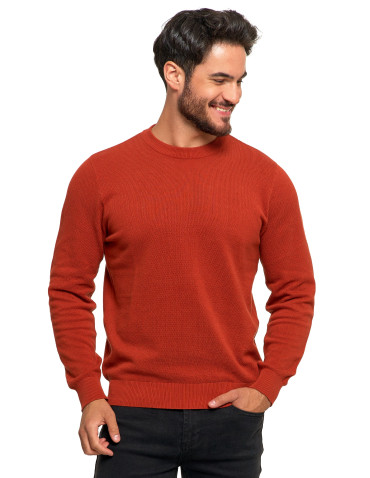 Swetry - Bawełniany sweter męski elegancki z okrągłym dekoltem POMARAŃCZOWY - produkt 1