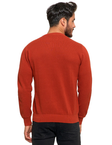 Swetry - Bawełniany sweter męski elegancki z okrągłym dekoltem POMARAŃCZOWY - produkt 3