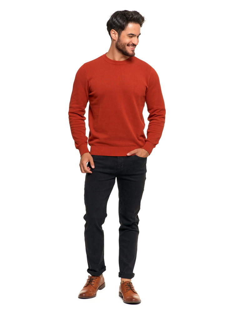 Swetry - Bawełniany sweter męski elegancki z okrągłym dekoltem POMARAŃCZOWY - produkt moraj.pl 5
