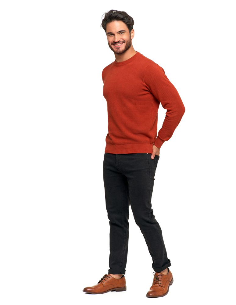 Swetry - Bawełniany sweter męski elegancki z okrągłym dekoltem POMARAŃCZOWY - produkt moraj.pl 7