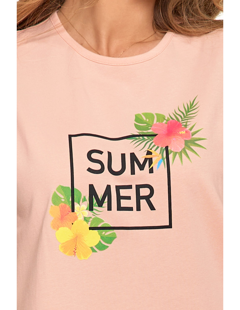 Koszulki i topy - Koszulka damska T-shirt luźny wakacyjny nadruk KORALOWY - produkt moraj.pl 3